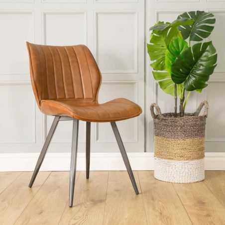 Set of Two Tan, Grey Leather Dining Chairs Industrial Furniture Smithers of Stamford £425.00 