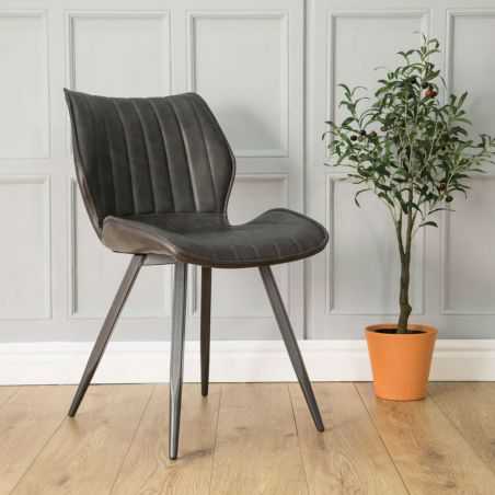 Set of Two Tan, Grey Leather Dining Chairs Industrial Furniture Smithers of Stamford £425.00 